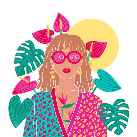 Portrait of a blond woman in the urban jungle. Fashion print. Vector illustration.のイラスト素材