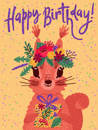 Colorful happy birthday card with cute squirrel, flower wreath and gift. Vector illustrationのイラスト素材