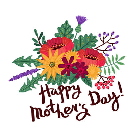 Mothers day background with hand written text Happy Mothers Day and a bouquet of flowers and leaves. Vector illustrationのイラスト素材