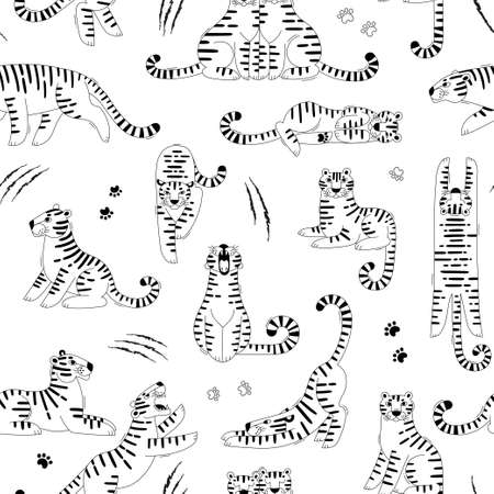 Seamless black-white pattern with cute tigers, scratches and paw marks. Design for fabric and wrapping paper with tiger - symbol of 2022 new year.のイラスト素材