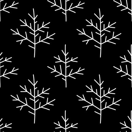 Seamless pattern with doodle Christmas trees. Scandinavian winter background of simple lagom fir trees. Vector ink texture for fabrics, wrapping paper and your creativity.のイラスト素材
