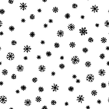 Seamless pattern of black snowflakes on a white background. Simple pattern for backdrops, wrapping paper and seasonal design. Christmas background with snow in scandinavian style.のイラスト素材