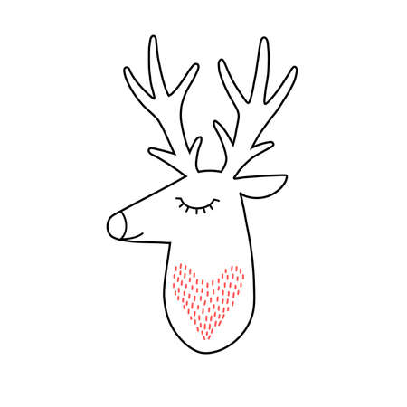 Deer head portrait. Stylized drawing reindeer in simple scandi style. Nursery scandinavian art. Black and white vector illustration.のイラスト素材