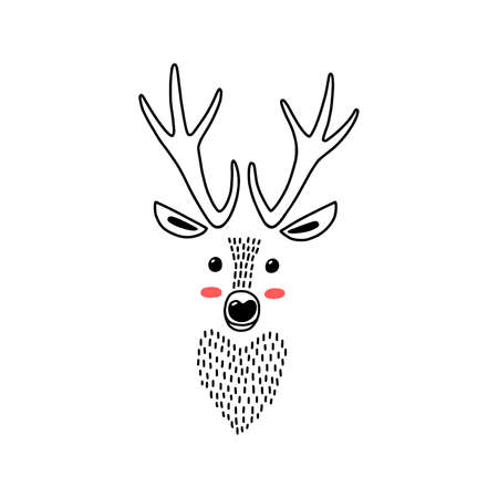 Deer head portrait. Stylized drawing reindeer in simple scandi style. Nursery scandinavian art. Black and white vector illustration.のイラスト素材