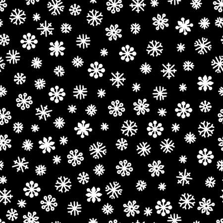 Seamless pattern of white snowflakes on a black background. Simple pattern for backdrops, wrapping paper and seasonal design. Christmas background with snow in scandinavian style.のイラスト素材