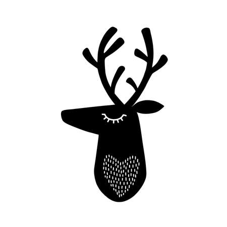 Deer head silhouette. Stylized drawing reindeer in simple scandi style. Nursery scandinavian art. Black and white vector illustration.のイラスト素材