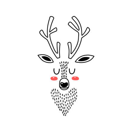 Deer head portrait. Stylized drawing reindeer in simple scandi style. Nursery scandinavian art. Black and white vector illustration.のイラスト素材
