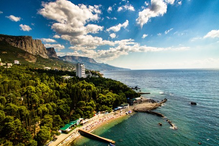 Beach on Black Sea. Foros city. Beautiful landscape. Panorama view of Crimean beachの写真素材