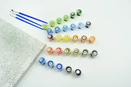 Set colors for coloring pictures. Color paints. Different colors for painting. Several brushes