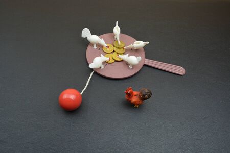 Chicken and cock on black background. Several chickens near plastic plateの写真素材