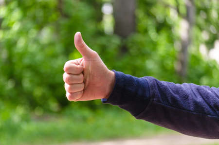 Thumb up hand sign. Mens hand gesture of excellence, like, success. Concept of positive, congratulation, win. Close up view on green nature background. Minimal composition, copy space.の写真素材