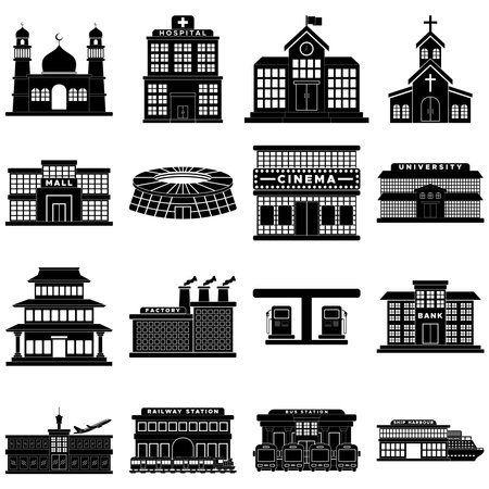 public building icon set, public building vector set sign symbolのイラスト素材