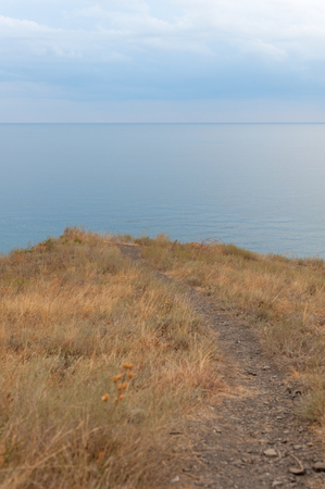 The trail on the cliff overlooking the sea. Cloudy evening weather. The clouds above the horizon. Yellow dry grass. Vertical photoの写真素材