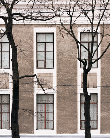 The facade of the building with high Windows. Trees without leaves in the foreground. Architectural backgroundの写真素材