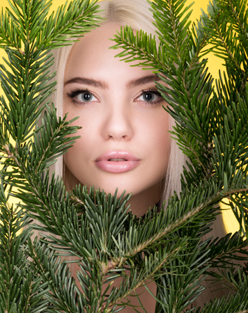 Beauty portrait of beautiful young woman in the branches of a spruce. Perfect clear skin, professional make-up. Bright yellow backgroundの写真素材