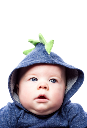 Cute baby in blue hoodie. Brooding a boy with blue eyes. Isolated on white background with free spaceの写真素材