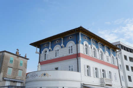 Beautiful modern hotel with oldfashioned look in Piran, Sloveniaのeditorial素材