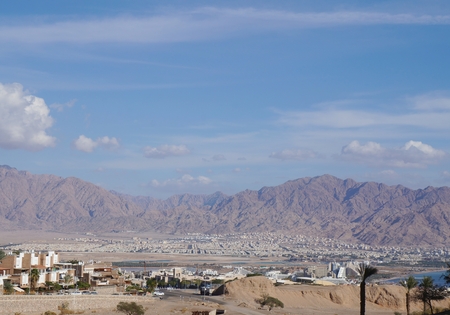 View to the Eilat gulf and Aqaba from wadi Shahamon, Eilat, Israelの写真素材