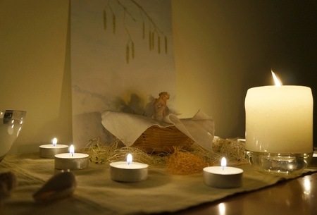 Candles on altar, selective focus on the candle, night candlelight timeの写真素材