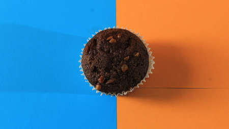 Chocolate muffin isolated on color background. Delicious chocolate muffin with nuts.の写真素材