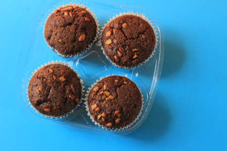 Chocolate muffin isolated on color background. Delicious chocolate muffin with nuts.の写真素材