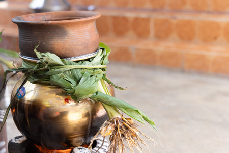 celebrating Traditional Pongal festival Making Sakkarai pongal and traditional wayの写真素材