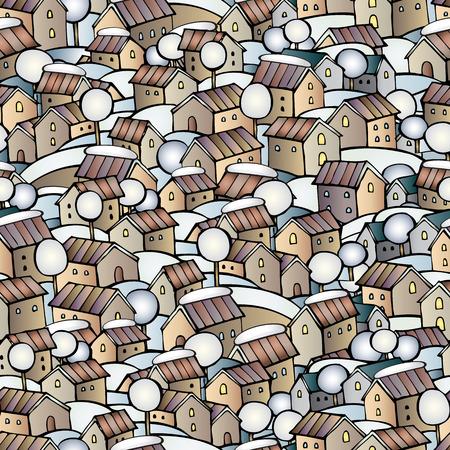 Cartoon vector fairy tale winter drawing houses seamless patternのイラスト素材