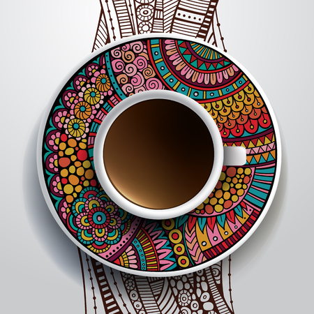Vector illustration with a Cup of coffee and hand drawn ornament on a saucer and backgroundのイラスト素材