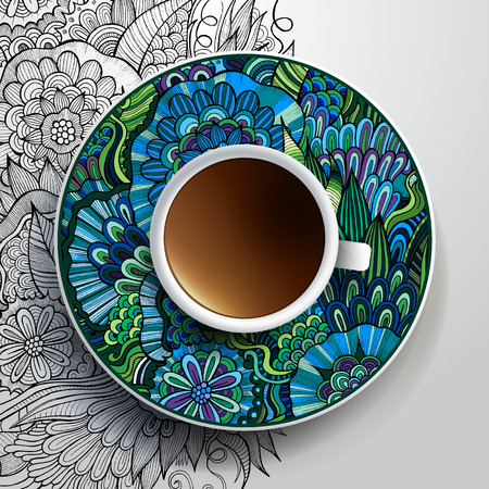 Vector illustration with a Cup of coffee and hand drawn floral ornament on a saucer and backgroundのイラスト素材