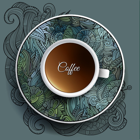 Vector illustration with a Cup of coffee and hand drawn floral ornament on a saucer and backgroundのイラスト素材