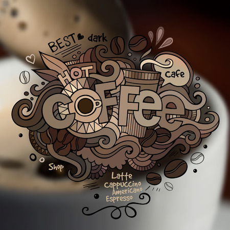 Coffee hand lettering and doodles elements on blurred backgroundのイラスト素材