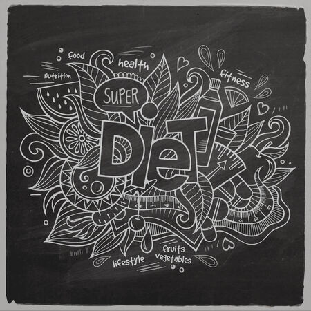 Diet Vector hand lettering and doodles elements chalkboard backgroundのイラスト素材