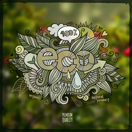 Eco hand lettering and doodles elements illustration. Vector blurred food backgroundのイラスト素材
