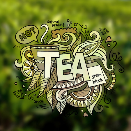 Tea hand lettering and doodles elements illustrationのイラスト素材