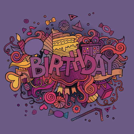 Birthday hand lettering and doodles elements backgroundのイラスト素材