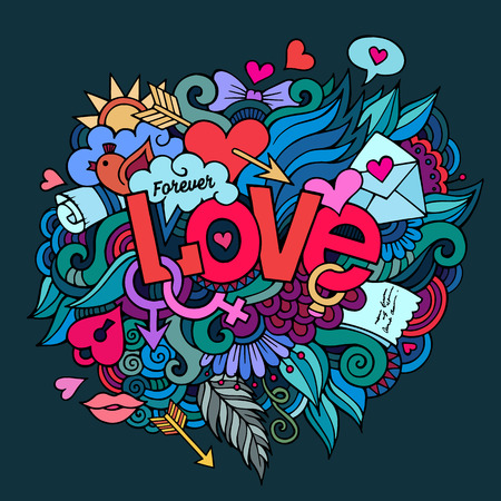 Love hand lettering and doodles elements. Vector illustrationのイラスト素材