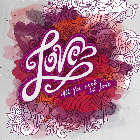 Vector love doodles watercolor paint party horizontal card designのイラスト素材