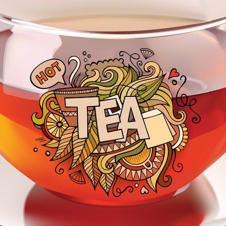 Tea hand lettering and doodles elements background. Vector illustrationのイラスト素材