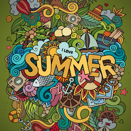 Summer hand lettering and doodles elements. Vector illustrationのイラスト素材