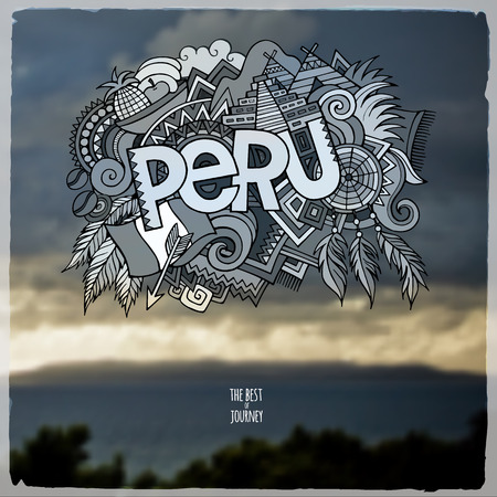 Peru hand lettering and doodles elements background. Vector illustrationのイラスト素材
