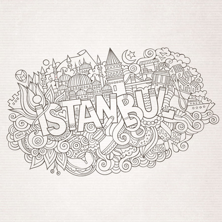 Istanbul city hand lettering and doodles elements and symbols background. Vector hand drawn sketchy illustrationのイラスト素材
