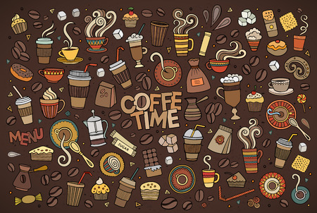 Colorful hand drawn Doodle cartoon set of objects and symbols on the coffee time theme