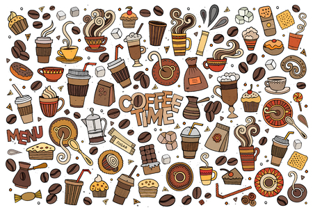 Colorful vector hand drawn Doodle cartoon set of objects and symbols on the coffee time themeのイラスト素材