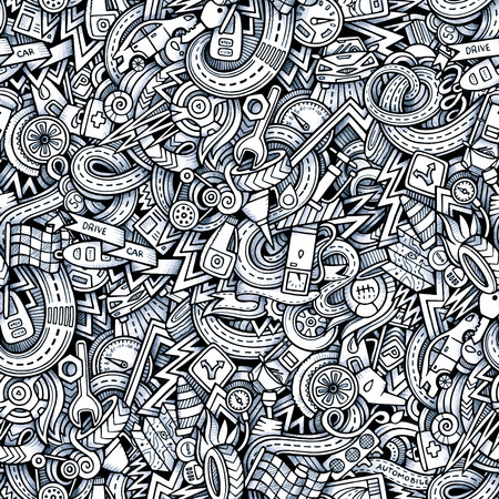 Cartoon hand-drawn sketchy doodles on the subject of car style theme seamless pattern. Vector trace backgroundのイラスト素材
