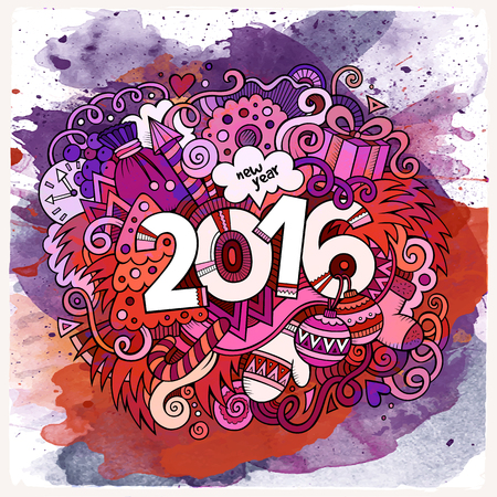 2016 year hand lettering and doodles elements watercolor background. Vector illustrationのイラスト素材