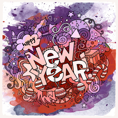 New Year hand lettering and doodles elements watercolor background. illustrationのイラスト素材