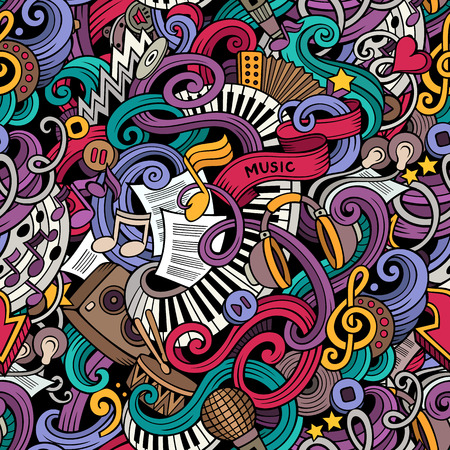 Cartoon hand-drawn doodles on the subject of music style theme seamless pattern. Vector color background