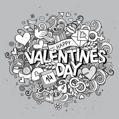 Cartoon vector hand drawn Doodle Happy Valentines Day illustration. Line art design background with objects and symbols.のイラスト素材