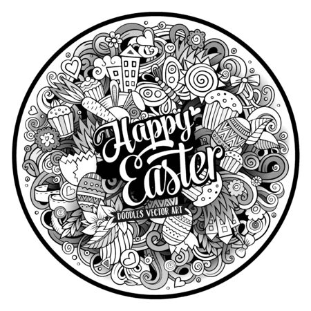 Cartoon vector hand drawn Doodle Happy Easter round design. Line art detailed illustration with objects and symbols. All objects are separatedのイラスト素材