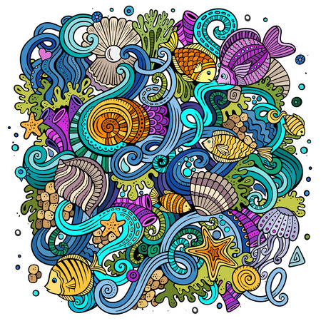 Cartoon hand-drawn doodles on the subject of Underwater life illustration. Colorful detailed, with lots of objects vector backgroundのイラスト素材
